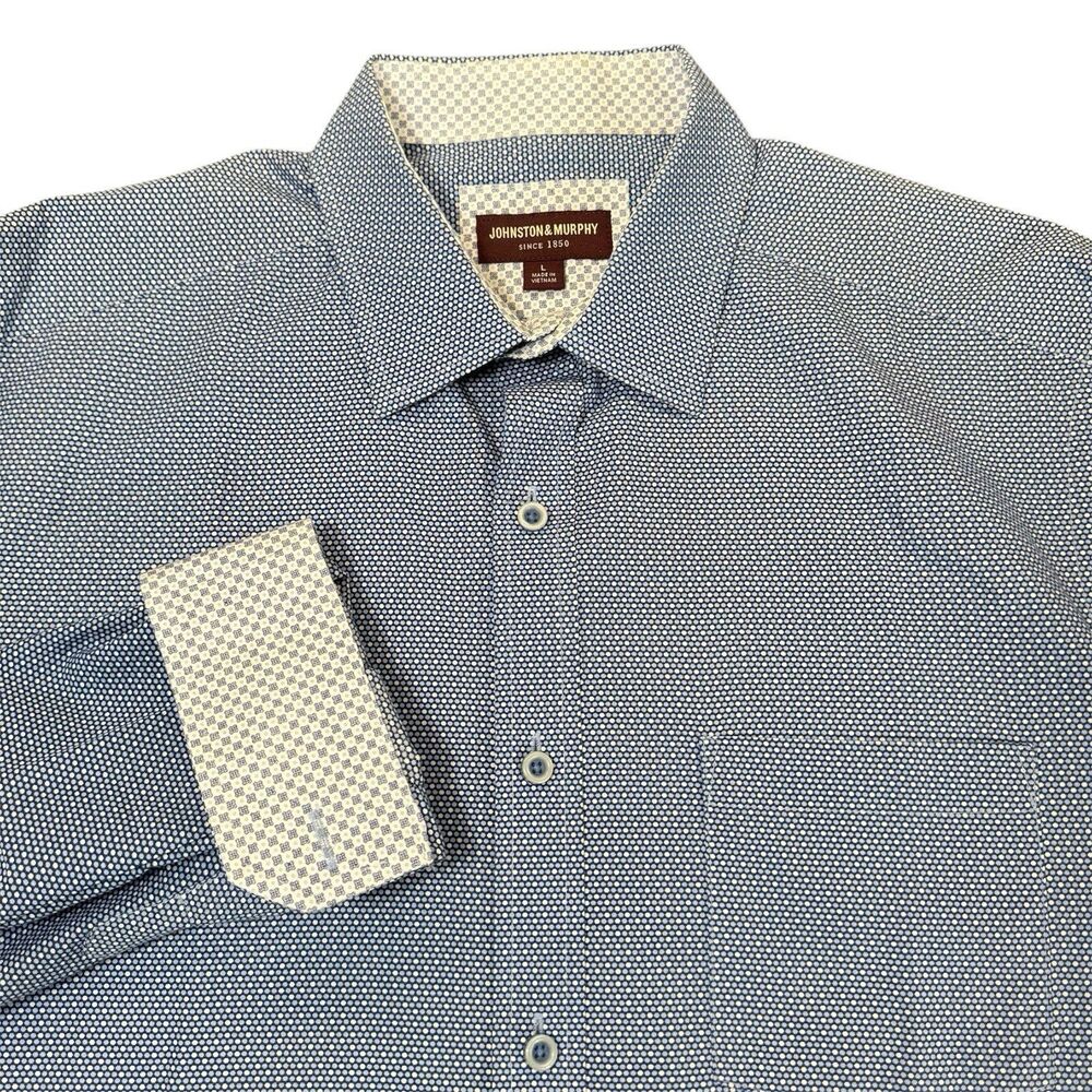 Johnston Murphy Sz L Mens Dress Shirt Blue Micro Shadow Dot Pattern Button Down